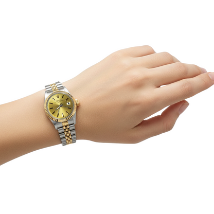 Fluted Bezel Champagne Stick Dial Rolex Date Women Watch Jubilee P2