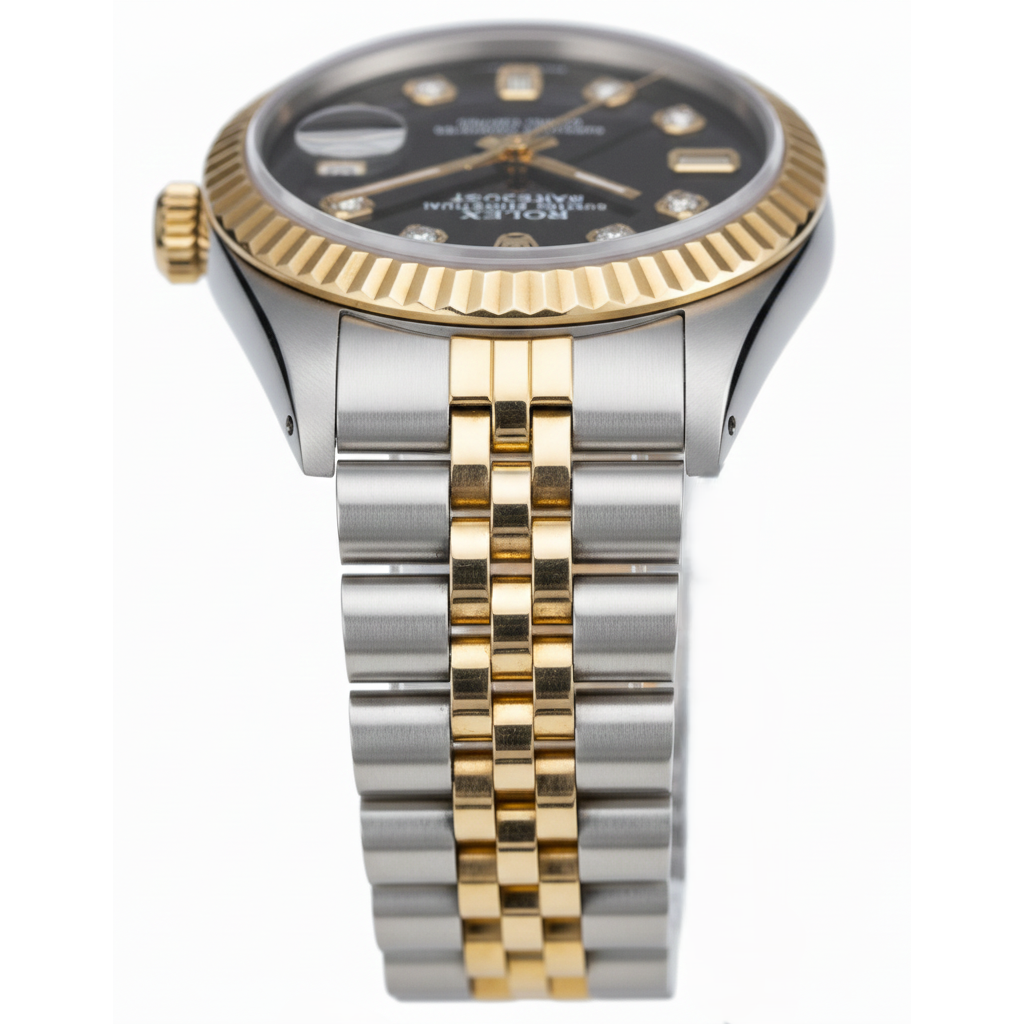Fluted Bezel Rolex Ss & Gold Baguette Diamond Dial Datejust Watch