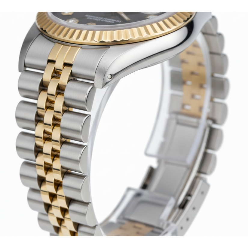 Fluted Bezel Rolex Ss & Gold Baguette Diamond Dial Datejust Watch
