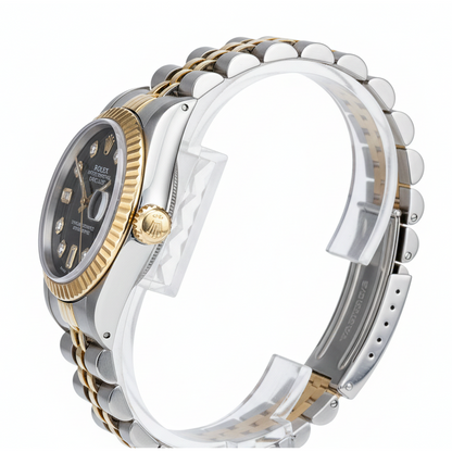 Fluted Bezel Rolex Ss & Gold Baguette Diamond Dial Datejust Watch