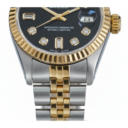 Fluted Bezel Rolex Ss & Gold Baguette Diamond Dial Datejust Watch