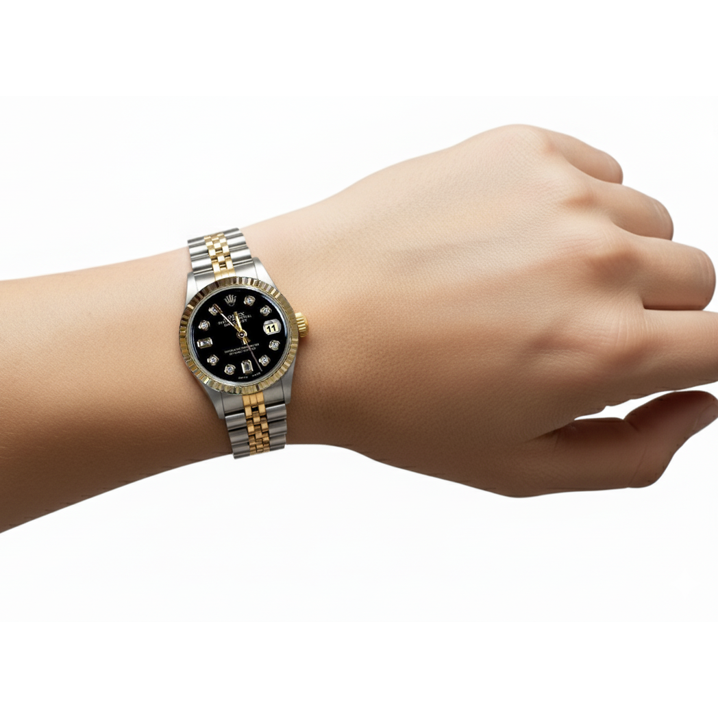 Fluted Bezel Rolex Ss & Gold Baguette Diamond Dial Datejust Watch P2