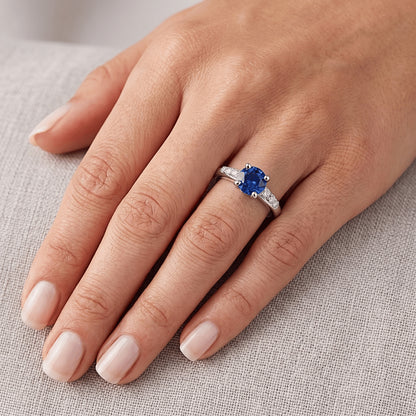Four Prong Natural Earth Mined Diamond Round Blue Sapphire 1.50 Carats Ring