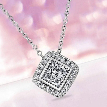 GIA CERTIFIED Princess And Round Halo 4 Ct. Lab Grown Diamond Necklace Pendant White Gold 14K