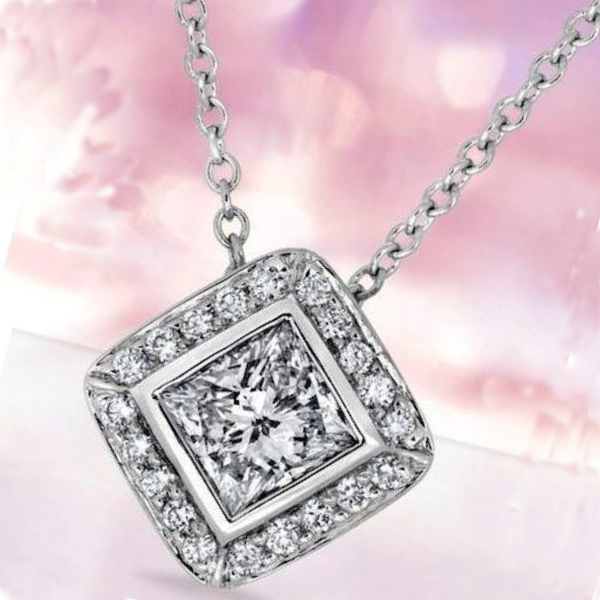 GIA CERTIFIED Princess And Round Halo 4 Ct. Lab Grown Diamond Necklace Pendant White Gold 14K