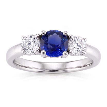 Gemstone 3 Stone Ring Round Sri Lankan Sapphire 2.50 Carats Natural Earth Mined Diamond
