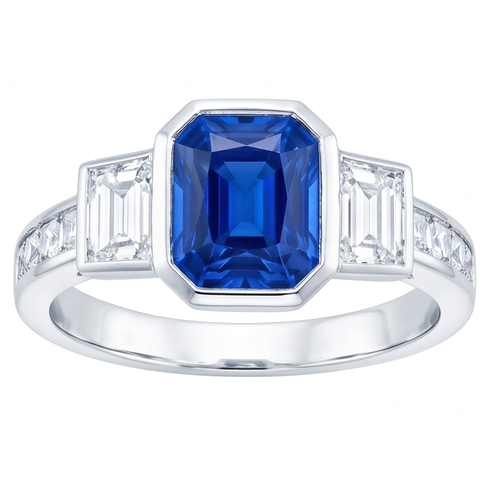 Gemstone Bezel Set Radiant Sapphire Ring Natural Earth Mined Diamond Jewelry 2.50 Carats