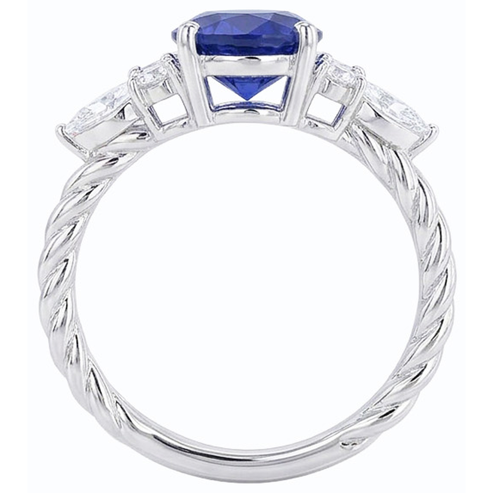 Gemstone Blue Sapphire Ring With Marquise & Round Natural Earth Mined Diamonds 4 Carats