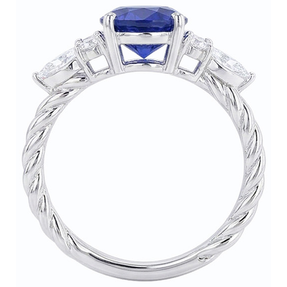 Gemstone Blue Sapphire Ring With Marquise & Round Natural Earth Mined Diamonds 4 Carats