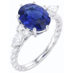 Gemstone Blue Sapphire Ring With Marquise & Round Natural Earth Mined Diamonds 4 Carats