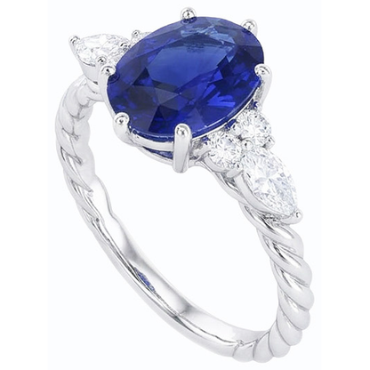 Gemstone Blue Sapphire Ring With Marquise & Round Natural Earth Mined Diamonds 4 Carats