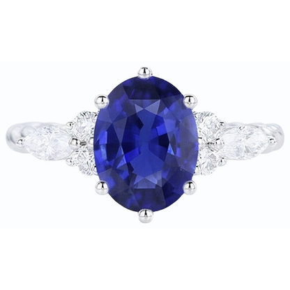 Gemstone Blue Sapphire Ring With Marquise & Round Natural Earth Mined Diamonds 4 Carats