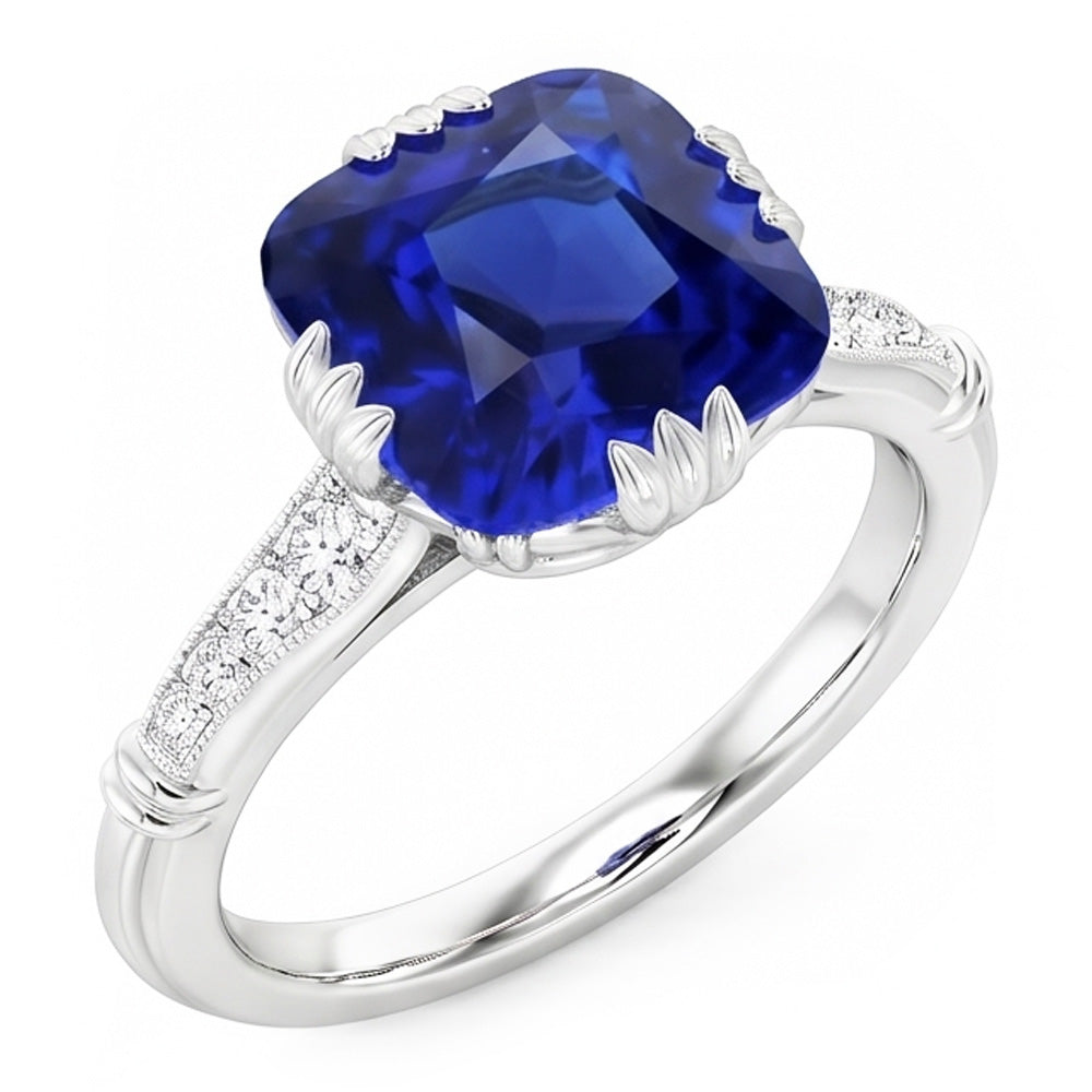 Gemstone Cushion Sapphire Ring 3.50 Carats Triple Prong Natural Earth Mined Diamonds