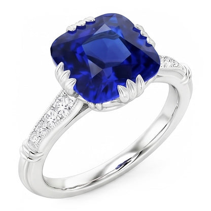 Gemstone Cushion Sapphire Ring 3.50 Carats Triple Prong Natural Earth Mined Diamonds