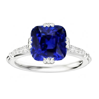 Gemstone Cushion Sapphire Ring 3.50 Carats Triple Prong Natural Earth Mined Diamonds