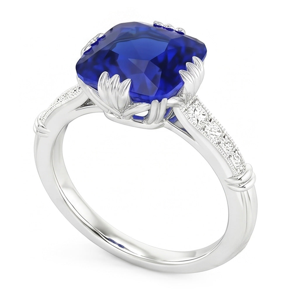 Gemstone Cushion Sapphire Ring 3.50 Carats Triple Prong Natural Earth Mined Diamonds