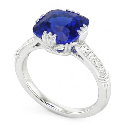 Gemstone Cushion Sapphire Ring 3.50 Carats Triple Prong Natural Earth Mined Diamonds