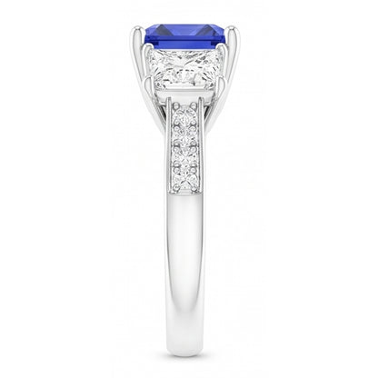 Gemstone Cushion Sapphire Ring Princess & Round Natural Earth Mined Diamonds 3 Carats