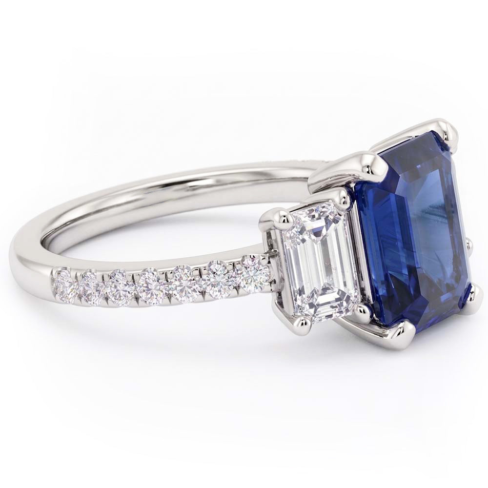 Gemstone Emerald Blue Sapphire Ring 3 Stone Style & Natural Earth Mined Diamonds 4 Carats