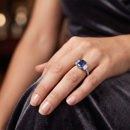 Gemstone Emerald Blue Sapphire Ring 3 Stone Style & Natural Earth Mined Diamonds 4 Carats