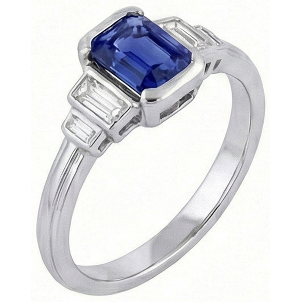 Gemstone Emerald Blue Sapphire Ring 5 Stone Baguette Natural Earth Mined Diamonds 2 Carats