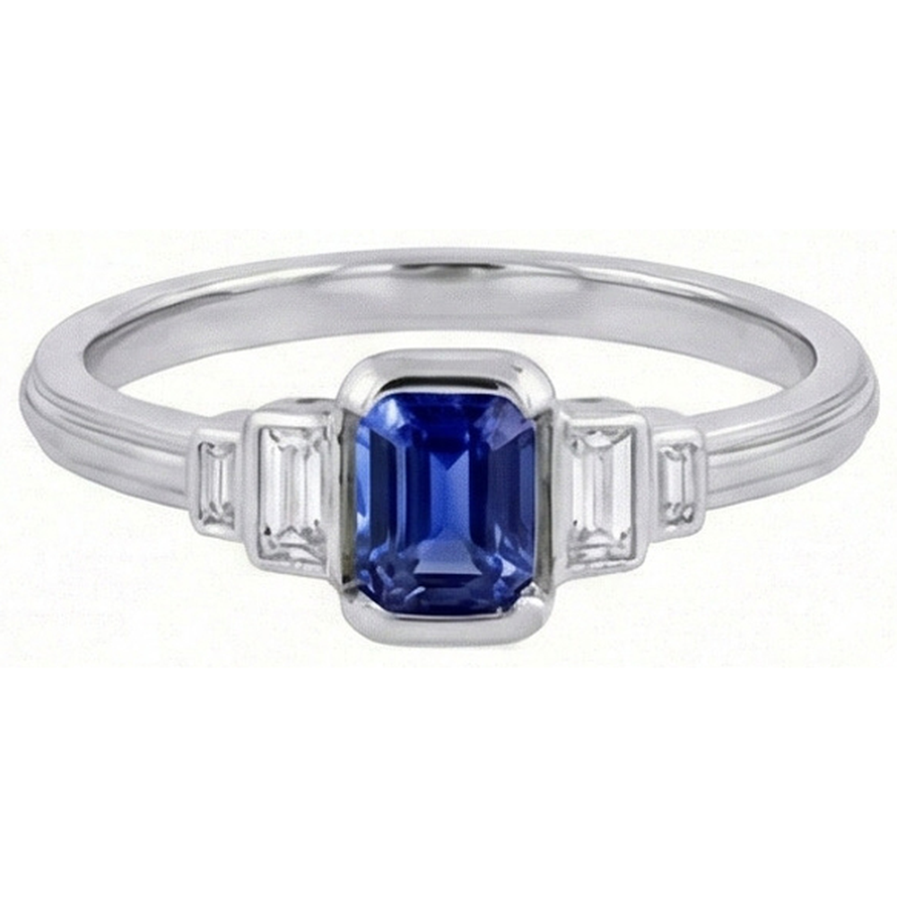 Gemstone Emerald Blue Sapphire Ring 5 Stone Baguette Natural Earth Mined Diamonds 2 Carats