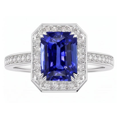Gemstone Halo Emerald Blue Sapphire Ring Prong Set Natural Earth Mined Diamonds 5 Carats