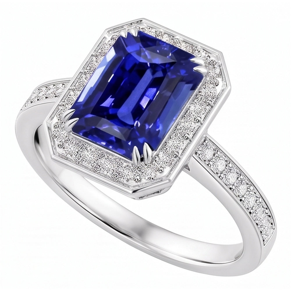 Gemstone Halo Emerald Blue Sapphire Ring Prong Set Natural Earth Mined Diamonds 5 Carats