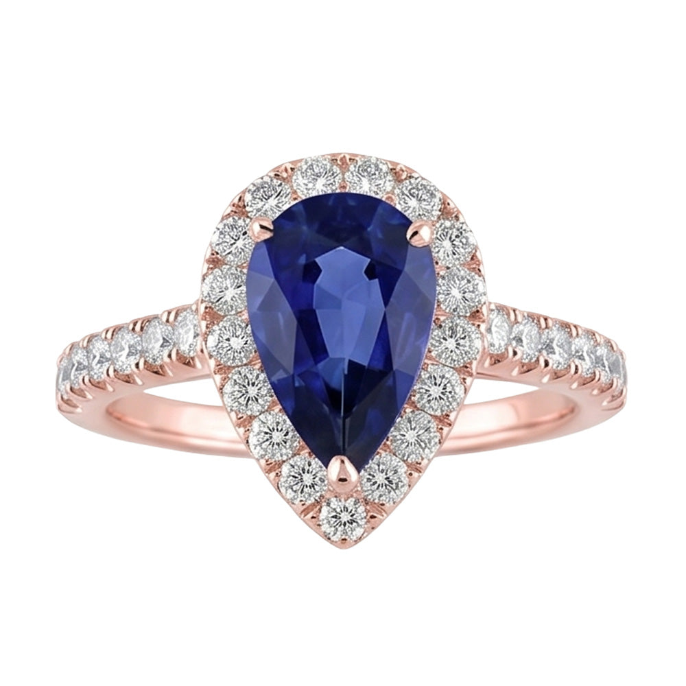 Gemstone Halo Pave Set Natural Earth Mined Diamond Ring Pear Ceylon Sapphire 5.50 Carats