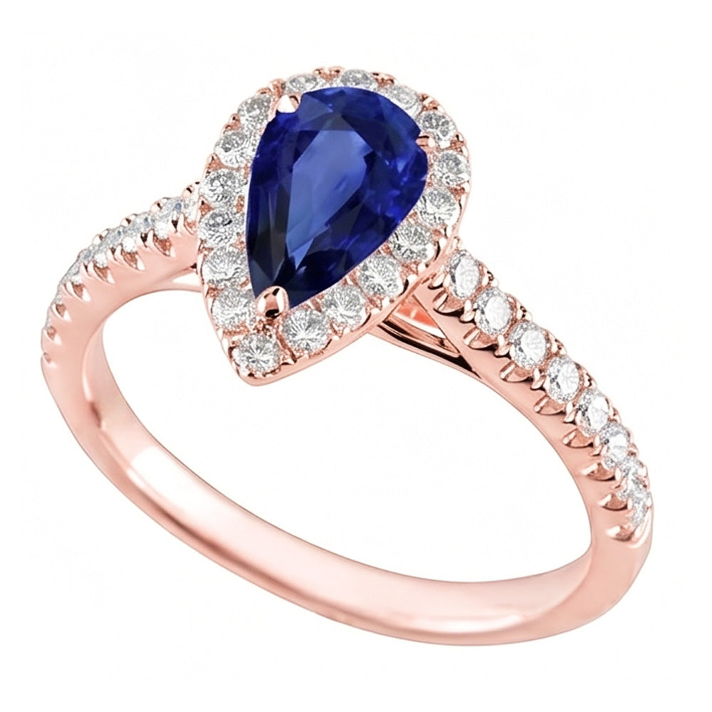 Gemstone Halo Pave Set Natural Earth Mined Diamond Ring Pear Ceylon Sapphire 5.50 Carats
