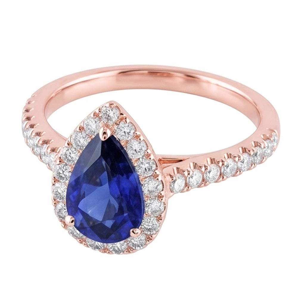 Gemstone Halo Pave Set Natural Earth Mined Diamond Ring Pear Ceylon Sapphire 5.50 Carats