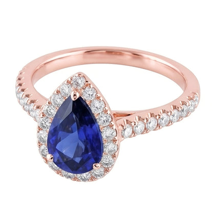 Gemstone Halo Pave Set Natural Earth Mined Diamond Ring Pear Ceylon Sapphire 5.50 Carats