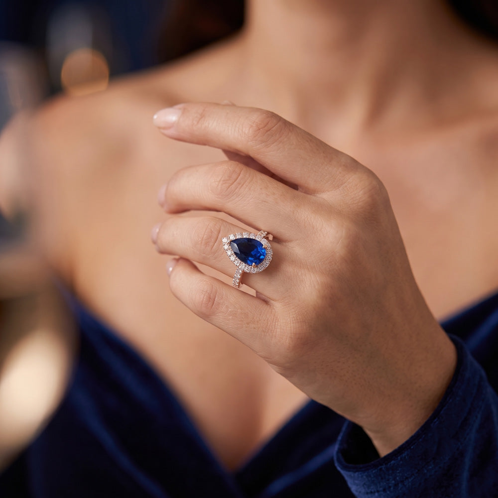 Gemstone Halo Pave Set Natural Earth Mined Diamond Ring Pear Ceylon Sapphire 5.50 Carats