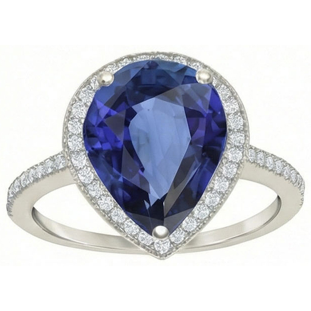 Gemstone Halo Pear Ceylon Sapphire Ring & Natural Earth Mined Diamonds 5 Carats