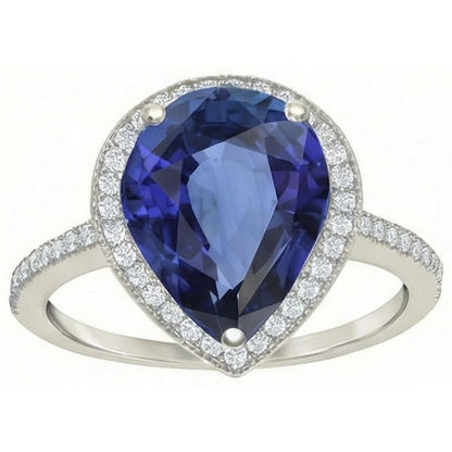 Gemstone Halo Pear Ceylon Sapphire Ring & Natural Earth Mined Diamonds 5 Carats