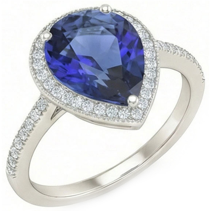 Gemstone Halo Pear Ceylon Sapphire Ring & Natural Earth Mined Diamonds 5 Carats