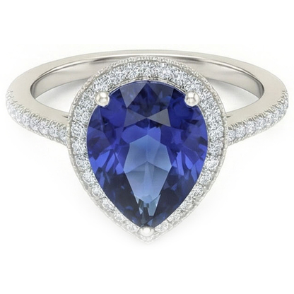 Gemstone Halo Pear Ceylon Sapphire Ring & Natural Earth Mined Diamonds 5 Carats