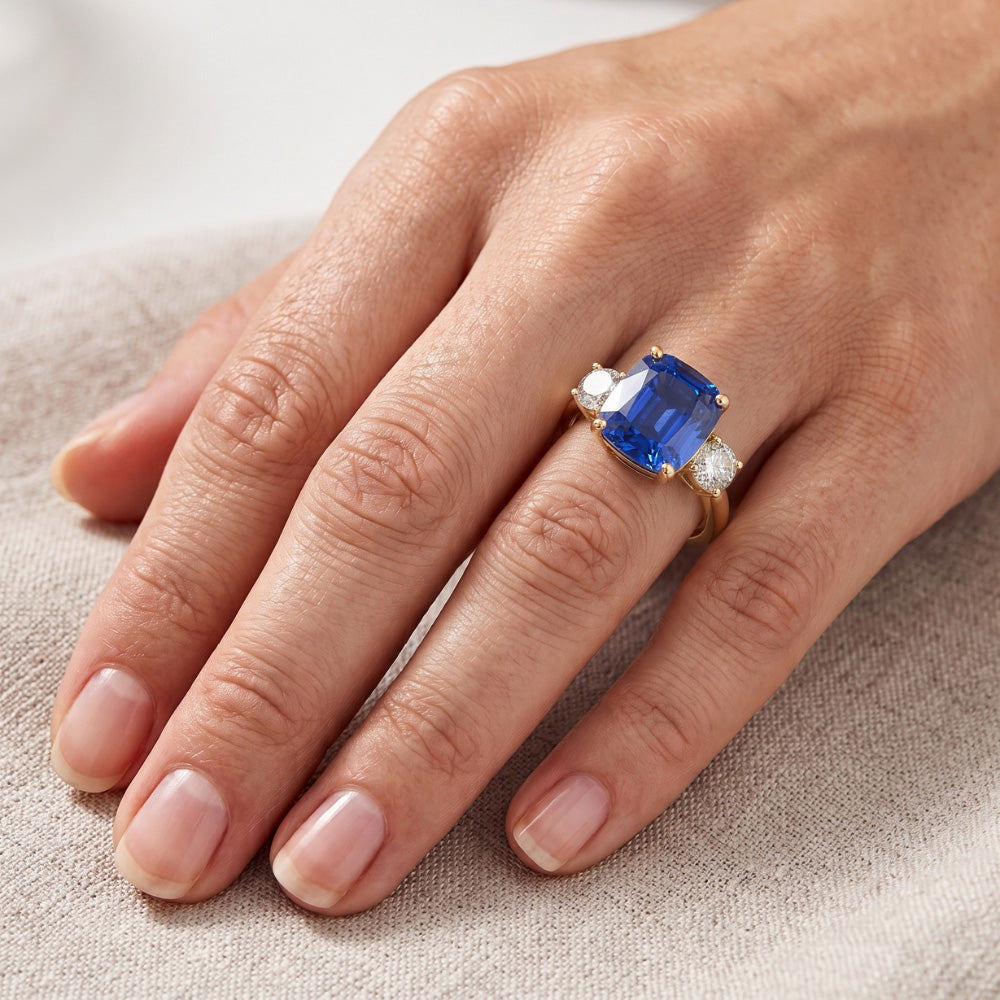 Gemstone Jewelry 3 Stone Cushion Sapphire Natural Earth Mined Diamond Ring 4.50 Carats