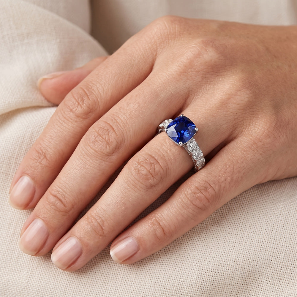 Gemstone Jewelry Cushion Ceylon Sapphire Ring 3 Carats Natural Earth Mined Diamonds