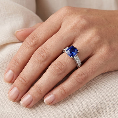 Gemstone Jewelry Cushion Ceylon Sapphire Ring 3 Carats Natural Earth Mined Diamonds
