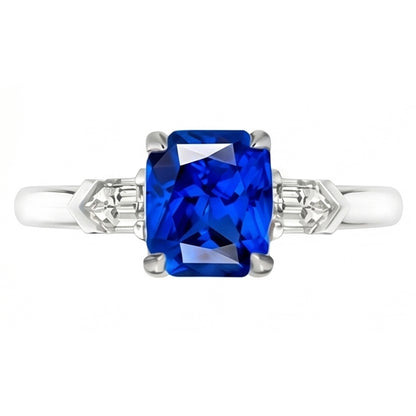 Gemstone Jewelry Radiant Sapphire & Baguette Natural Earth Mined Diamond Ring 1.75 Carats