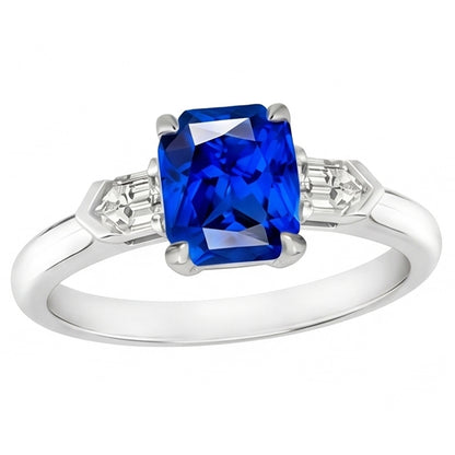 Gemstone Jewelry Radiant Sapphire & Baguette Natural Earth Mined Diamond Ring 1.75 Carats