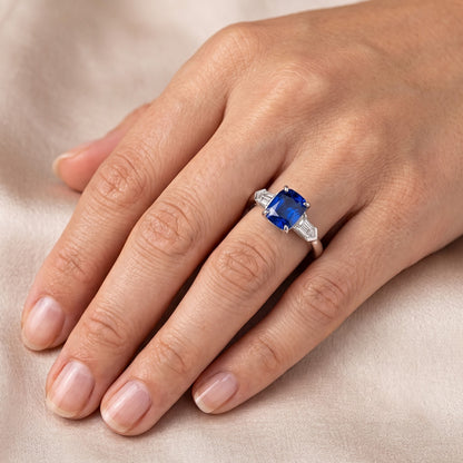 Gemstone Jewelry Radiant Sapphire & Baguette Natural Earth Mined Diamond Ring 1.75 Carats