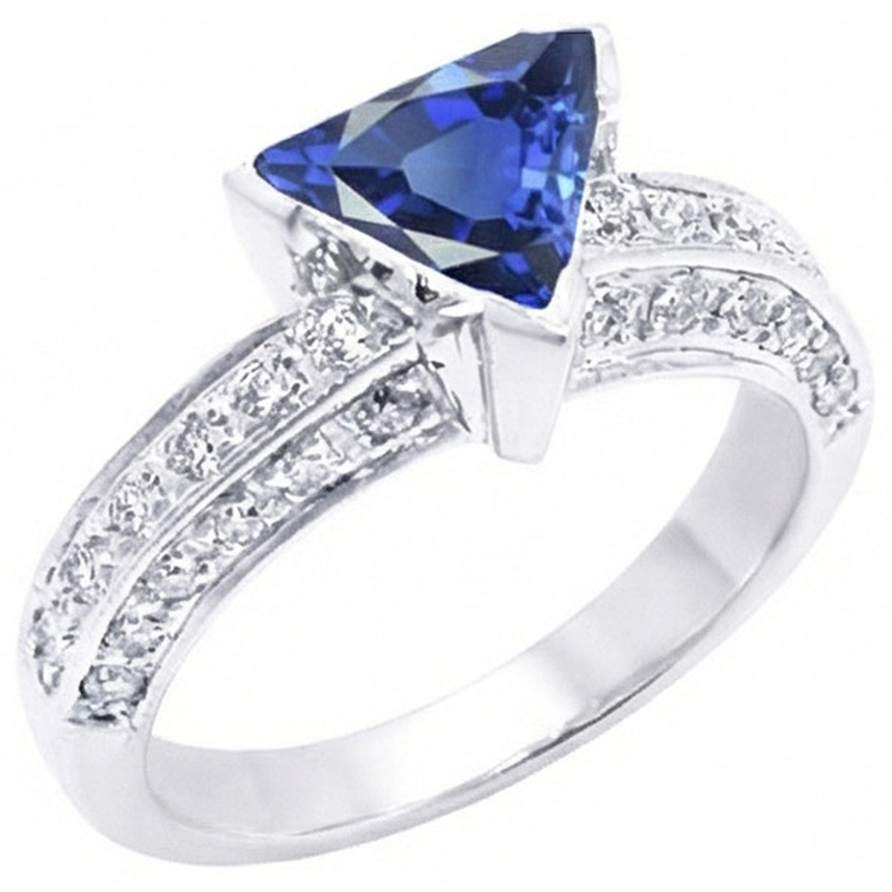 Gemstone Jewelry Trillion Sapphire Ring 3 Carats With Round Natural Earth Mined Diamonds