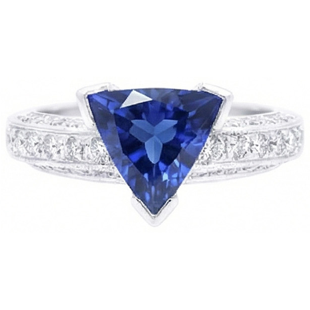 Gemstone Jewelry Trillion Sapphire Ring 3 Carats With Round Natural Earth Mined Diamonds