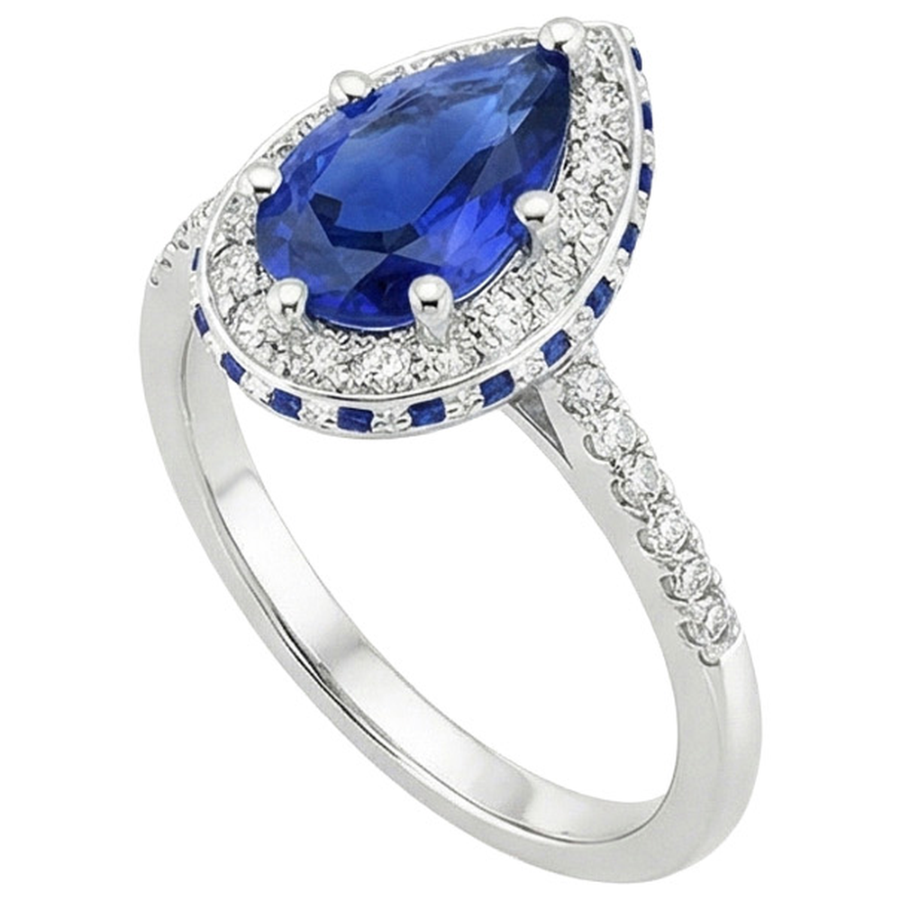 Gemstone Natural Earth Mined Diamond Engagement Ring Halo Pear Cut Blue Sapphire 6 Carats