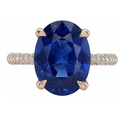 Gemstone Oval Ring Blue Sapphire & Pave Set Natural Earth Mined Diamonds 3.50 Carats
