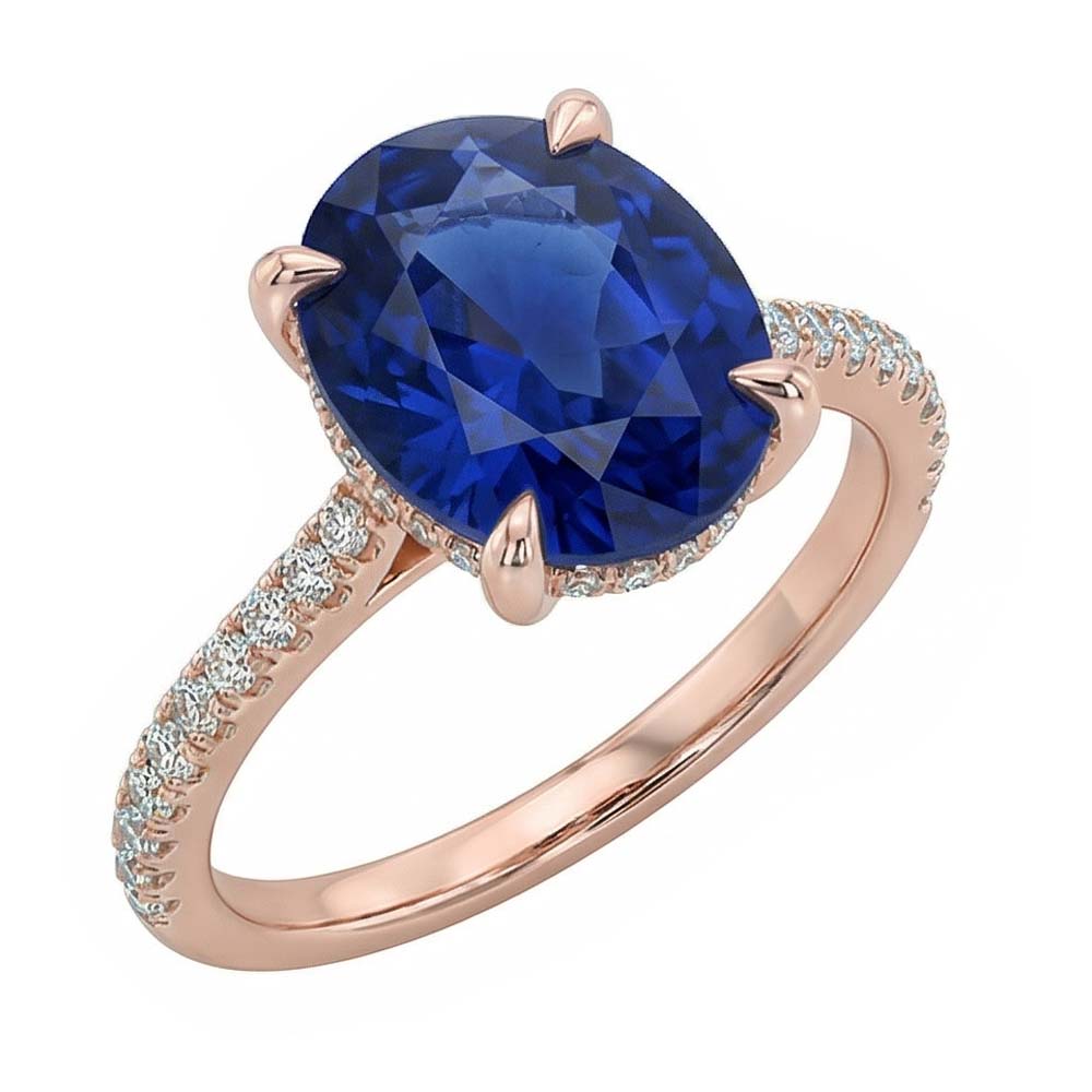 Gemstone Oval Ring Blue Sapphire & Pave Set Natural Earth Mined Diamonds 3.50 Carats