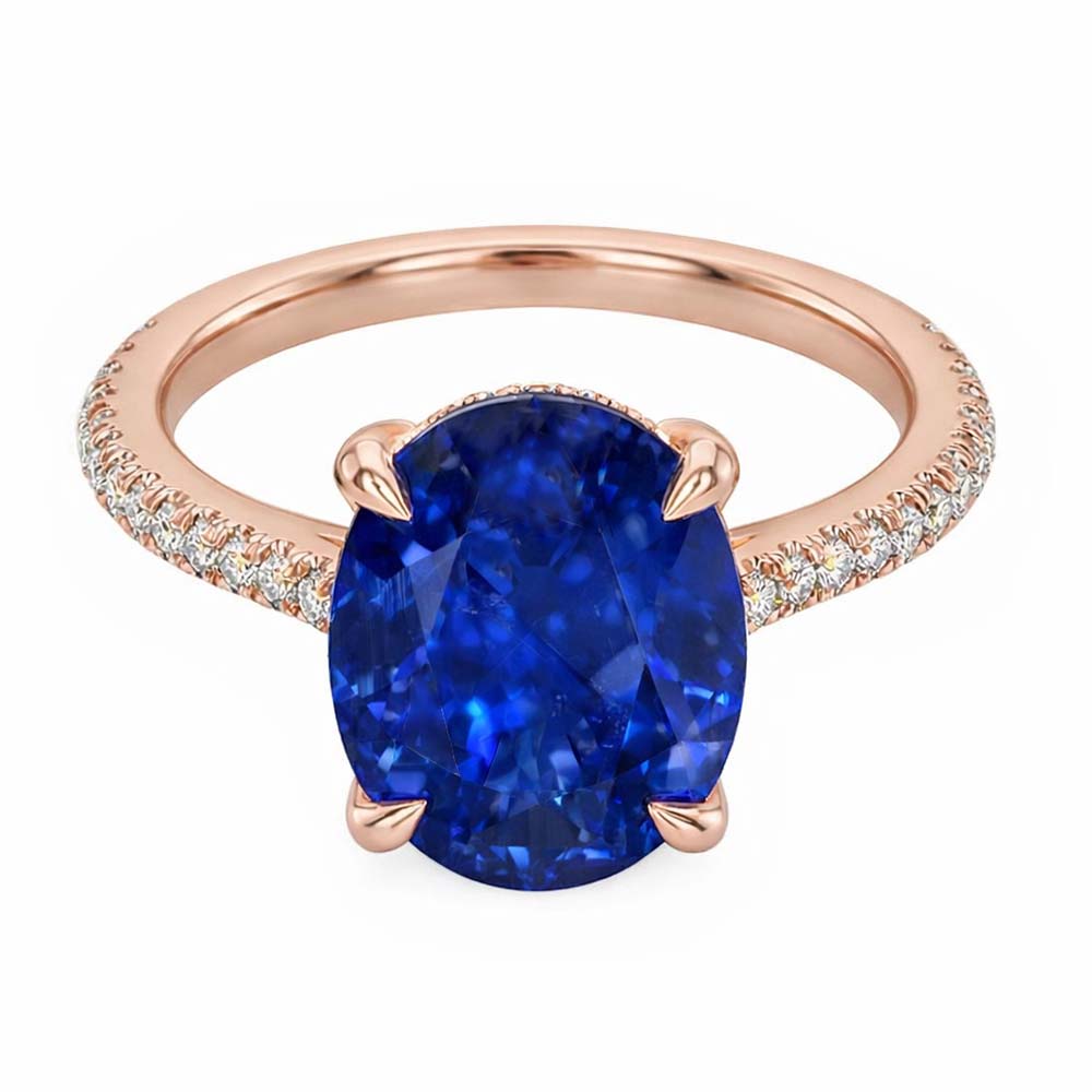 Gemstone Oval Ring Blue Sapphire & Pave Set Natural Earth Mined Diamonds 3.50 Carats