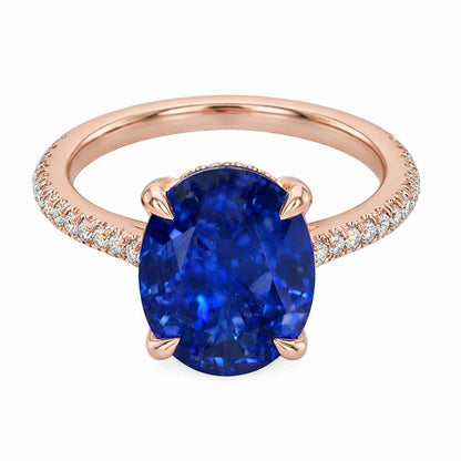 Gemstone Oval Ring Blue Sapphire & Pave Set Natural Earth Mined Diamonds 3.50 Carats